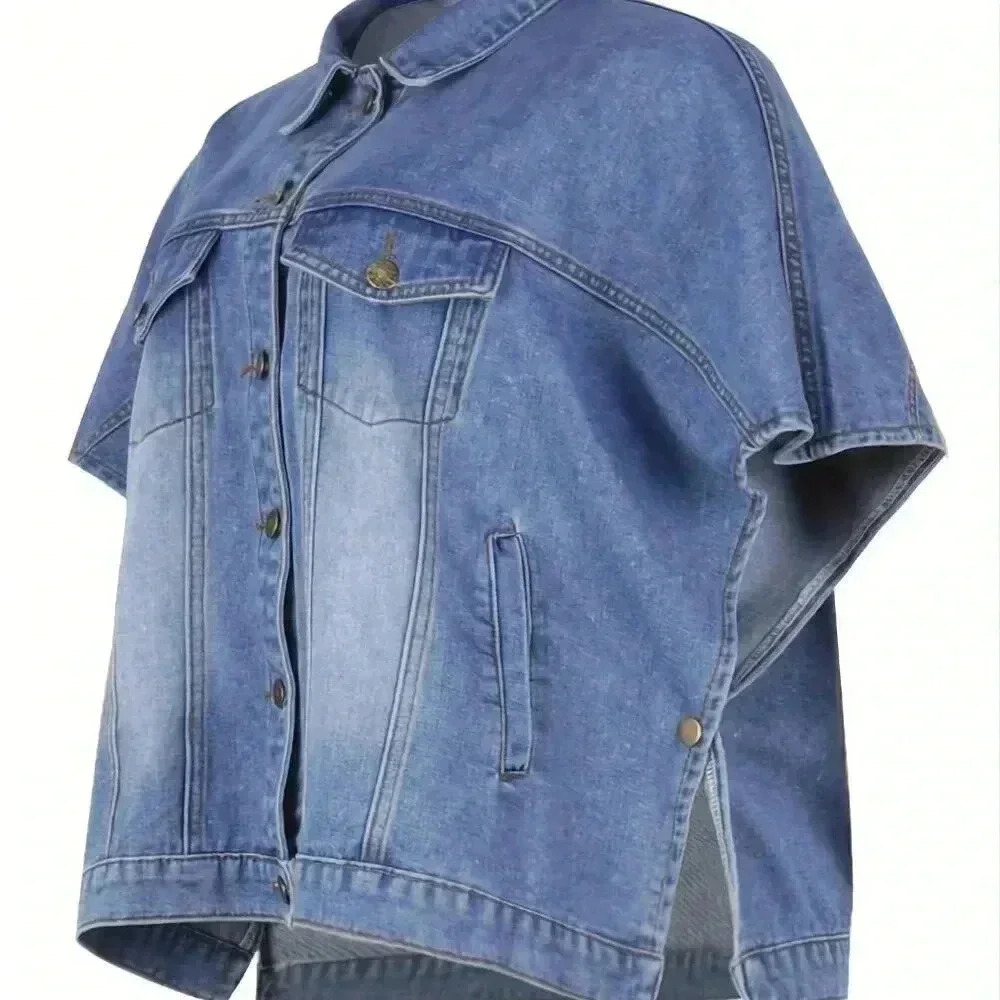 Blue Sexy Women's Pure Color Wash Button Short Sleeve Slim-Fitting Jeans Blouse - Picture 4 of 4